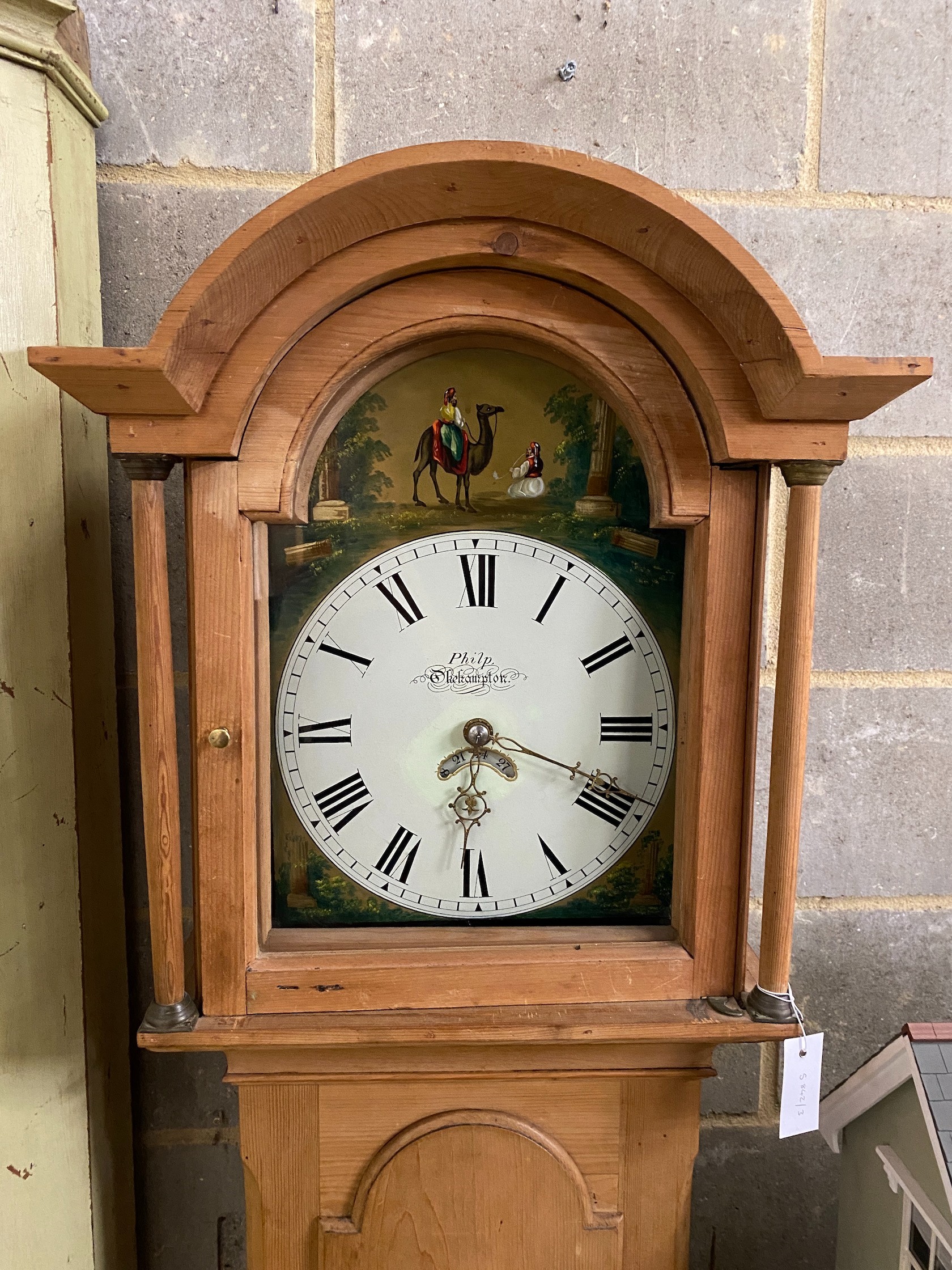 A Victorian pine 30 hour longcase clock marked Philp, Okehampton, height 195cm